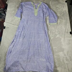 Amaya Blue White Embroidered Maxi Tunic Dress Women's M Boho Vacation Coastal